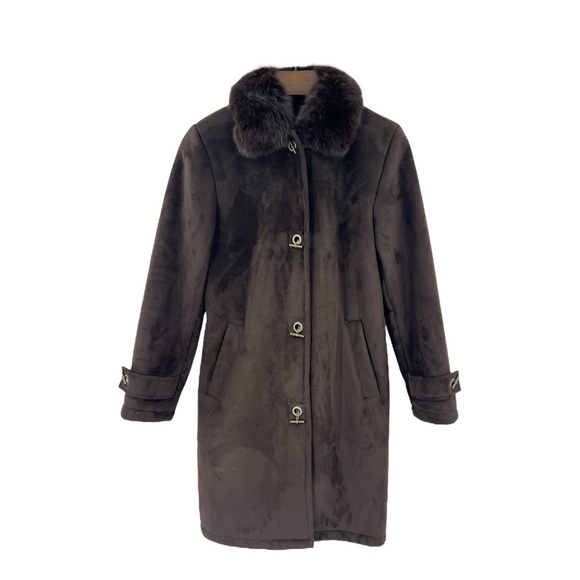 Dana Buchman Elegant Brown Fur-Collar Toggle Closure Suede Fur lined Coat S New